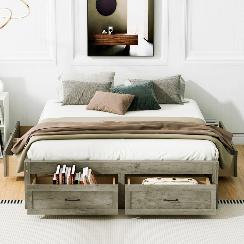 Lit plateforme avec 6 tiroirs de rangement, Gris antique, Grand lit