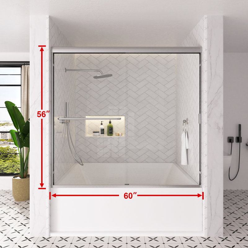 Nébuleuse 60 po X P 56 po Porte de baignoire coulissante H en demi-cadre avec verre transparent en nickel brossé