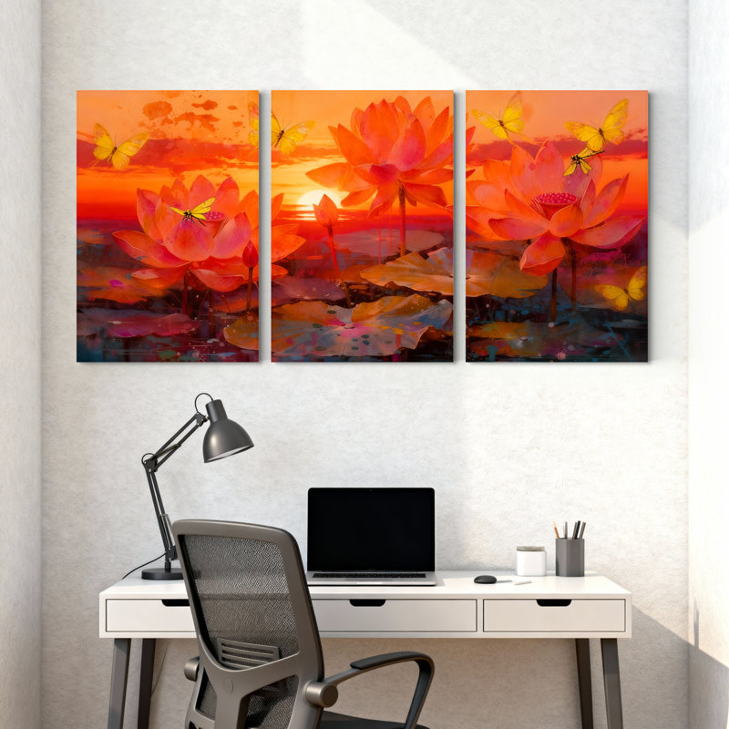 Ensemble de 3 toiles murales représentant un coucher de soleil avec des lotus et des papillons, H 36 po x l 72 po
