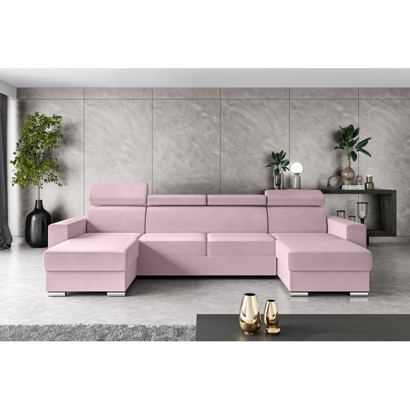 Corner sofa with sleep function and bed box FOX, Pink polyester