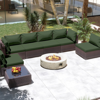 Ensemble de conversation de patio en rotin 8 pièces avec coussins et table de foyer d'extérieur de 42 pouces