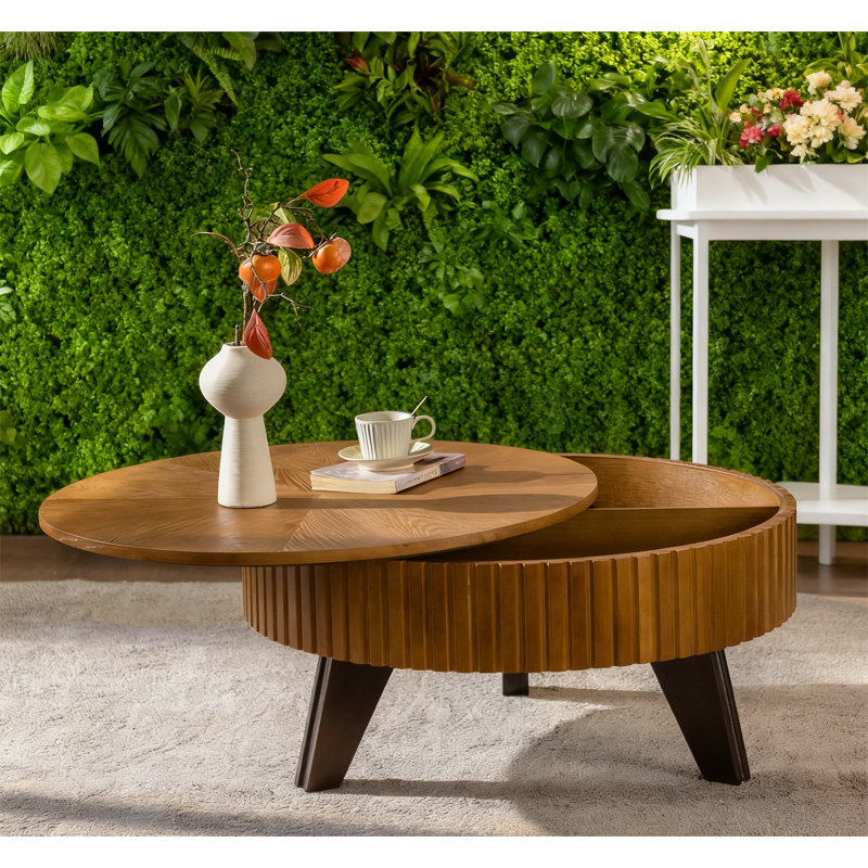 Table basse ronde 31,5 "avec espace de rangement, Plateau naturel / base brune, 15.7" H x 31.5" L x 31.5" W