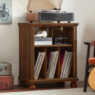 Support pour platine vinyle 24 pouces de style années 50 avec rangement pour disques, tablette d'exposition et système de gestion des câbles.
