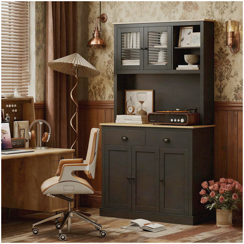 Armoire de cuisine autoportante de 71 pouces de hauteur avec tablettes réglables et rehausse de porte en verre, noir