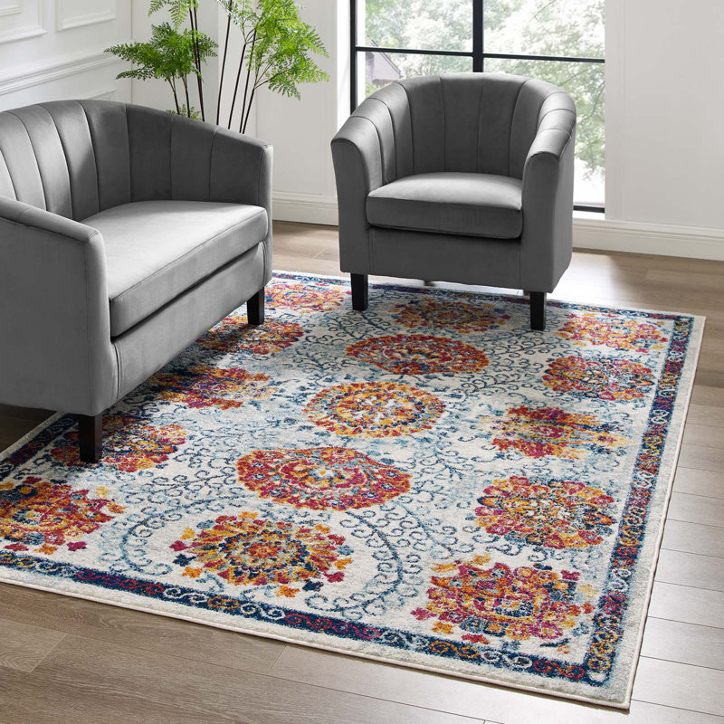 Ivory and Blue Floral Synthetic Rectangular 8' x 10' Area Rug