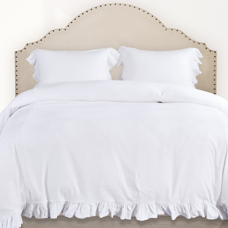 Lily Washed Linen Ruffled Edge Romantic Farmhouse 3 Piece Comforter Set, White, King Comforter + 2 King Shams