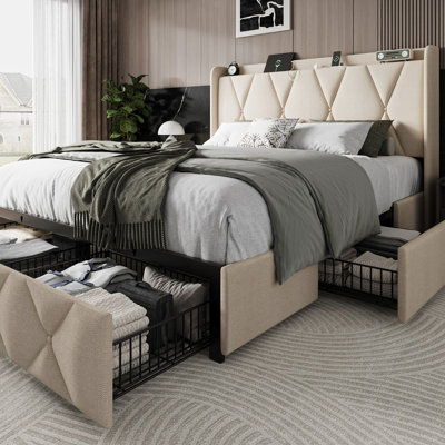 Cadre de grand lit avec 4 tiroirs de rangement, cadre de lit plateforme tapissier avec station de charge, tête de lit à oreilles avec rangement, aucun sommier requis, assemblage facile, beige