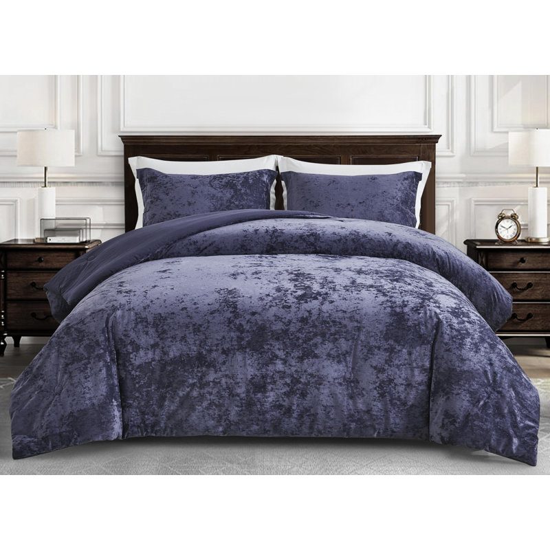 Lux Distressed Velvet Reversible Comforter Set, Queen Comforter + 2 Standard Shams, Purple
