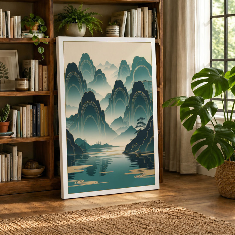 Misty Mountain Sanctuary Japandi 1 Piece Wrapped Canvas Wall Art, 30x20 - 76.2 x 50.8 cm, Ochre Border