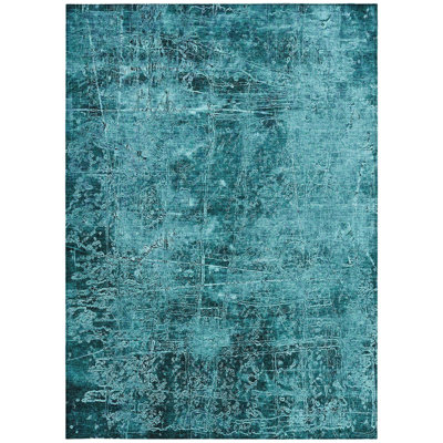 10' X 14' Teal Abstract Washable Non Skid Indoor Outdoor Area Rug