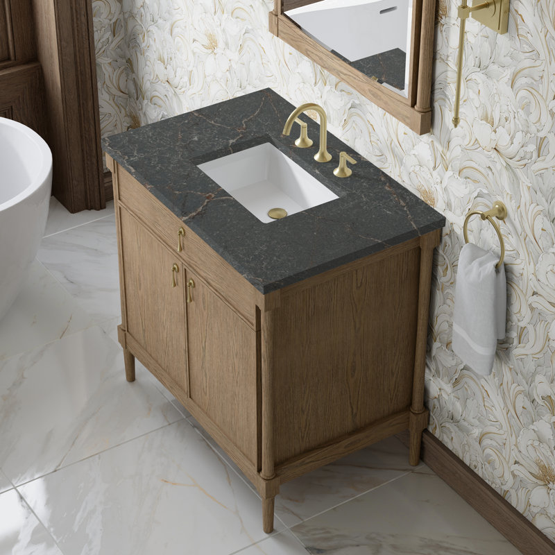 Kinnsden 36" W Single Vanity, Parisien Bleu Silestone, 8" Widespread, Weathered Oak