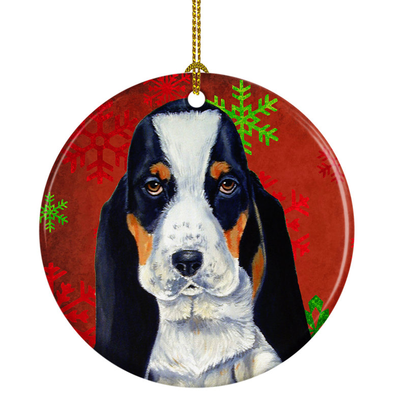 Ornement figurine suspendu en céramique de noël flocon de neige basset hound