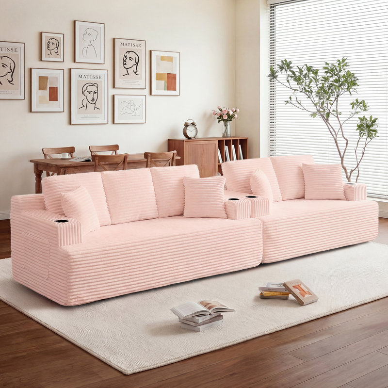 Ensemble de canapé 3 + 2 places avec porte-gobelets, poches latérales et 4 coussins Boneless, Pink