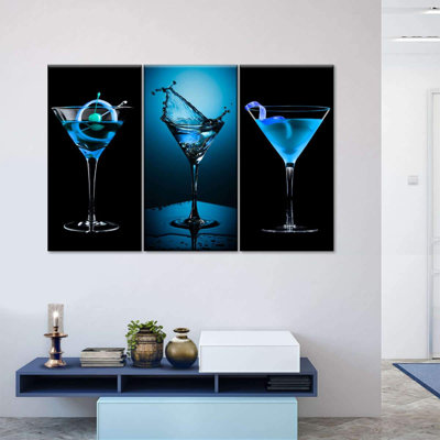 3 pièces d'art sur toile encadrée - Blue Bliss, décoration murale moderne pour salon et bar (prête à être suspendue)