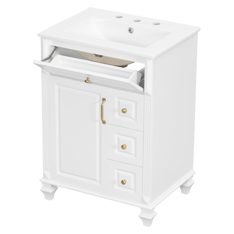 Meuble-lavabo autoportant 24 po avec lavabo en céramique, tiroir escamotable et rangement pour armoire Capsella, Blanc