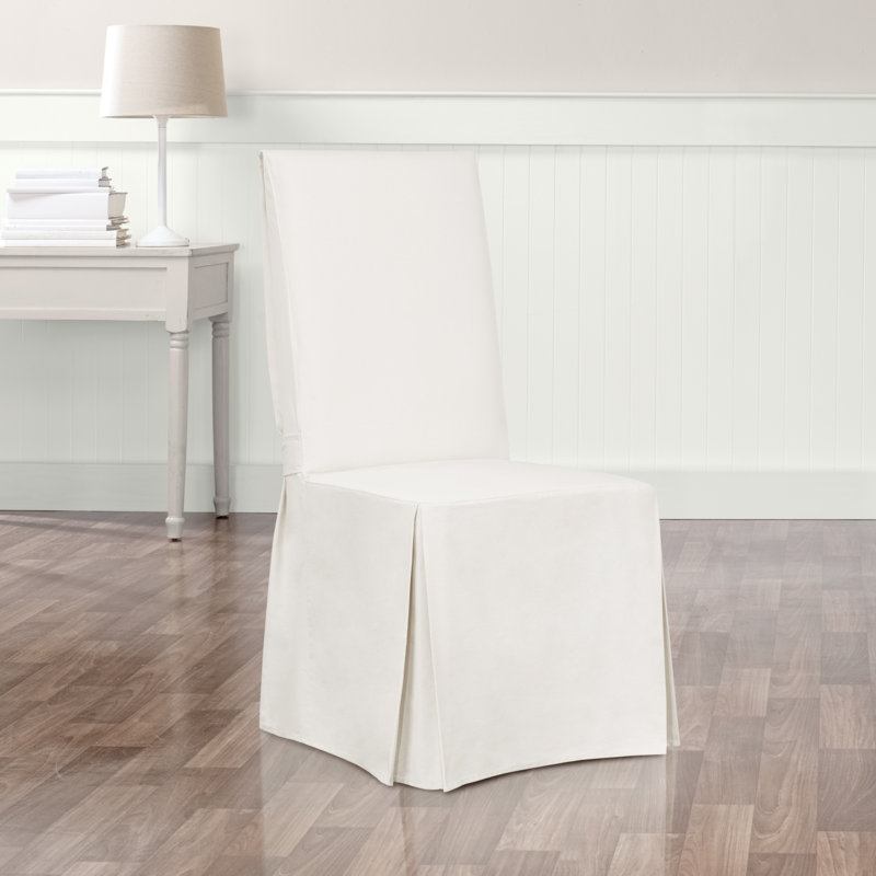 White Cotton Long Dining Chair Slipcover with Adjustable Ties