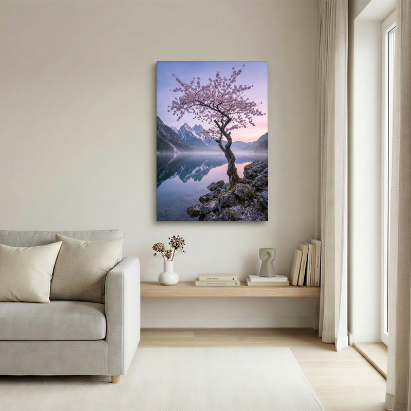 «Pink Blossom Tree» par Lake with Mountain Reflection, art mural sur toile, 30"H x 20"W