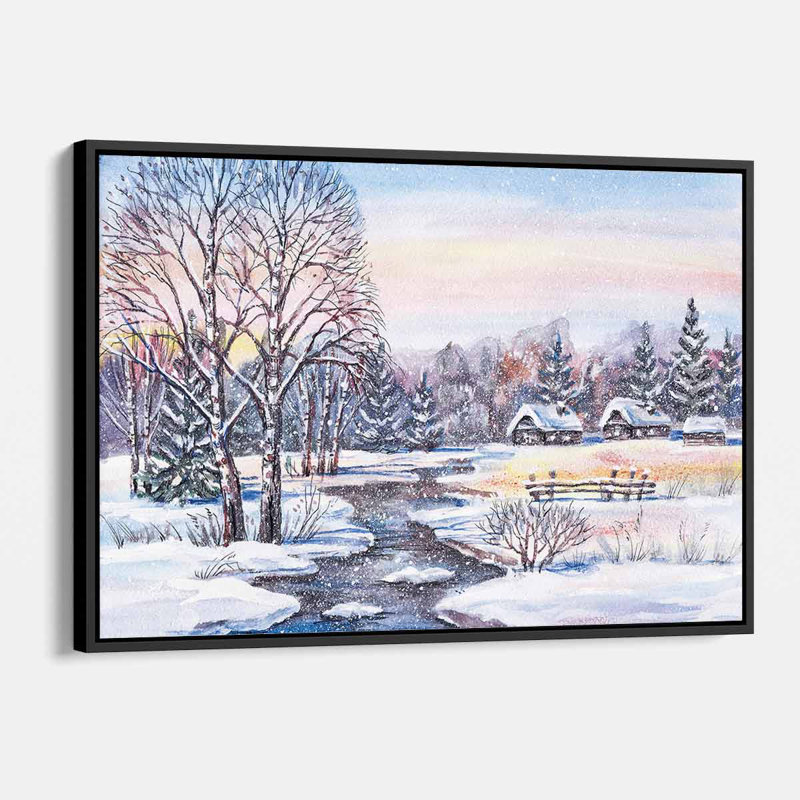 Arjunveer, village d'hiver blanc sur toile, H 12 po x l 16 po, Cadre noir