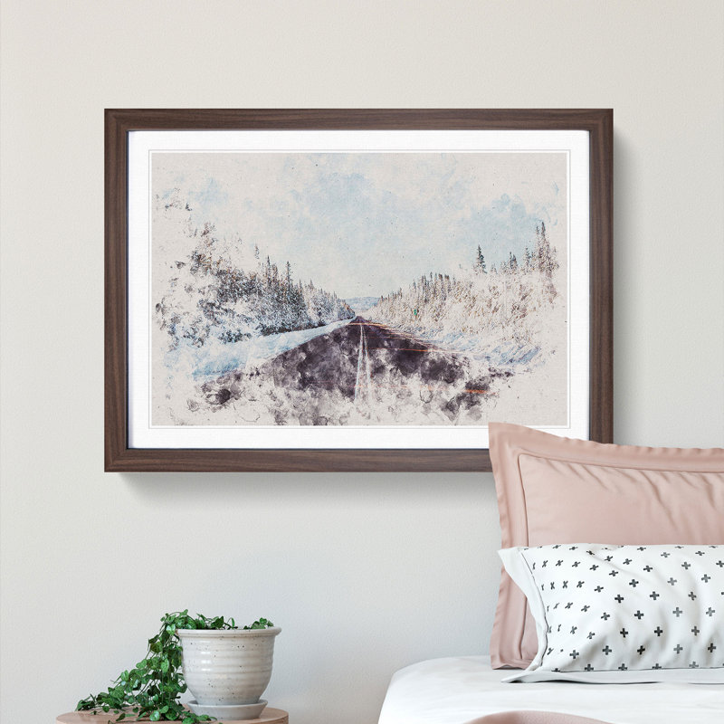 Road Through a Forest in Canada Watercolour - Picture Frame Graphic Art Print, Walnut Framed, 40cm H x 60cm W x 2cm D