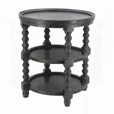 Round Three-Tiered Side Table with Rattan Shelves in Black