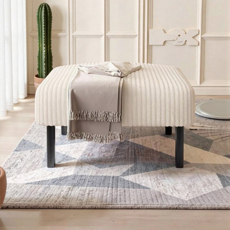 Corduroy Ottoman Footstool with Wooden Legs, Soft Padded Seat Footrest for Living Room Bedroom, Beige