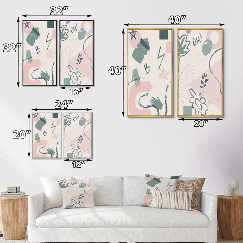 «Pink and Green Minimalistic Retro I», ensemble de 2 peintures, H 40 po x l 40 po x P 1,5 po, Toile avec cadre blanc