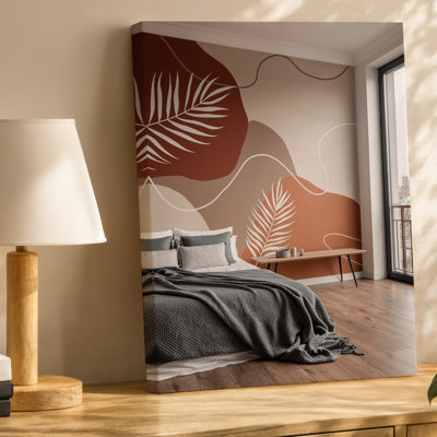 Toile, une chambre à coucher confortable avec une grande murale sur l'art mural avec des formes organiques abstraites dans des tons terreux chauds de terre cuite