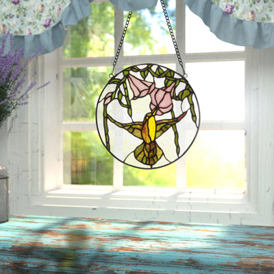Panneau de vitrail rond 10 "Hummingbird and Hibiscus