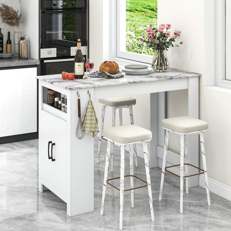  47'' Long Counter Height Table Bar Table Faux Marble Pub Table W/ Cabinet
