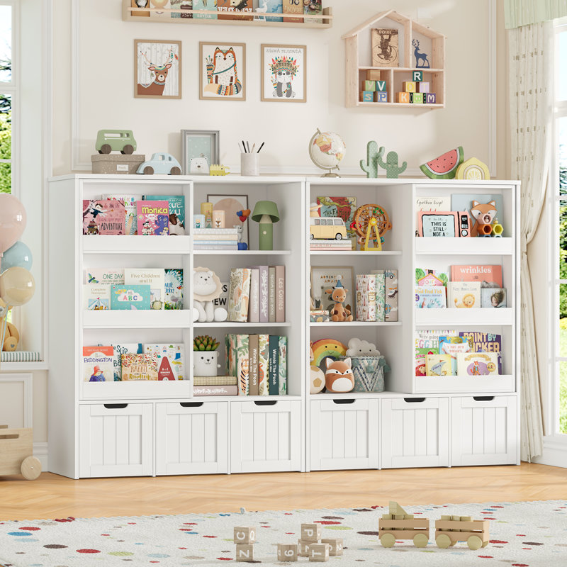 47.2"H Wood Storage Kids Bookcases  with Sliding Door and 3 Removable Drawers, White