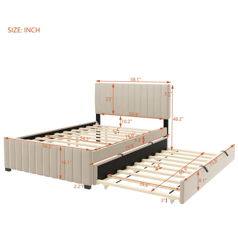 Velvet Upholstered Platform Bed Frame with Trundle, Beige, Full