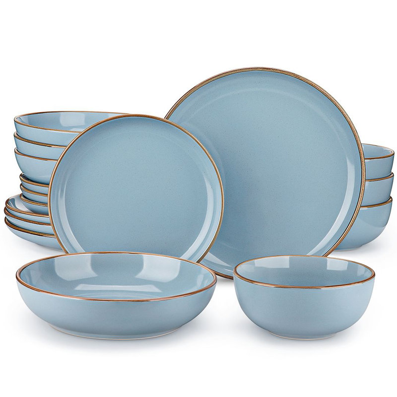 16-Piece Blue & Brown Rimmed Dinnerware Set for 4, Ceramic Plates & Pasta Bowls, Artistic Two-Tone Design, Blue