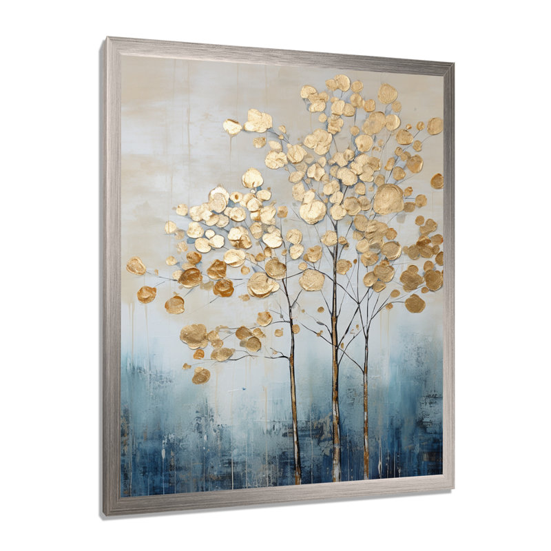 Or doré et arbres bleus Harmony IV - Art mural arbres, Cadre simple argenté, H 32 po x l 24 po x P 1 po
