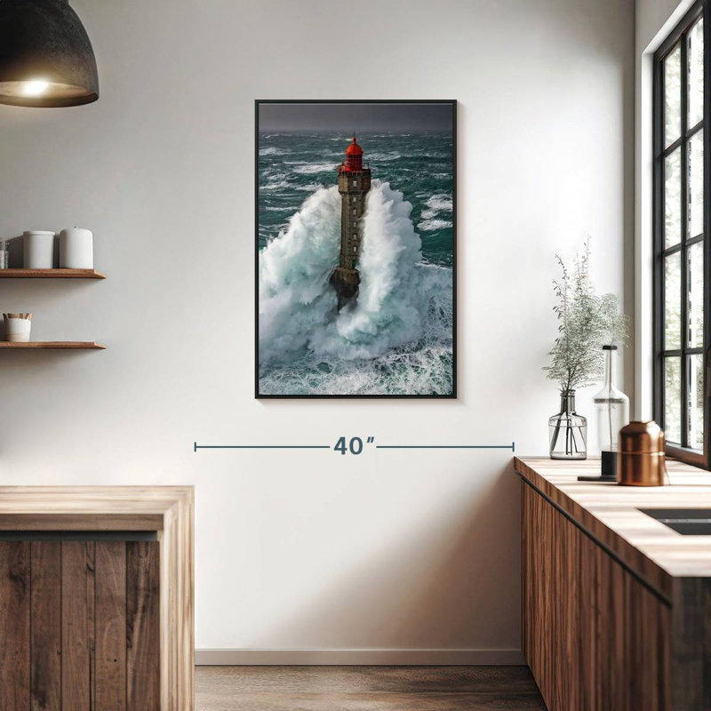 Tempête au phare de La Jument, 25 po x 37 po, Cadre flottant noir
