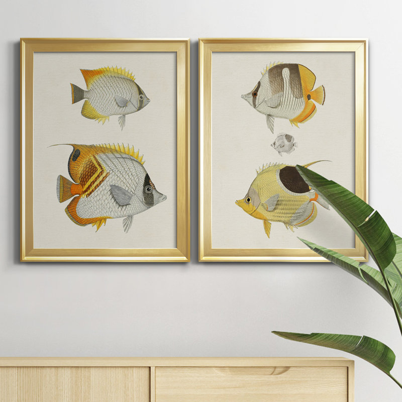 «Yellow and Gray Fish I», ensemble de 2 peintures sur toile encadrées, Or, H 42,5 po x l 30,5 po x P 1 po