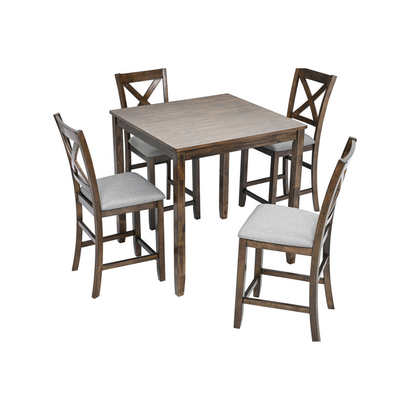 5 pièces de salle à manger en noyer, table carrée à hauteur de comptoir et 4 chaises rembourrées, amplement d'espace pour les petits espaces en noyer avec chaises