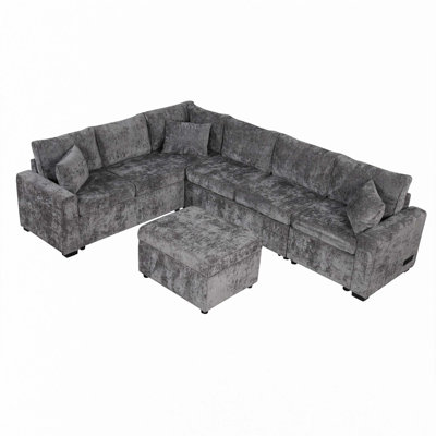 112.2" Sectional Sofa Pull-out Sofa Bed Sleeper with a Storage Ottoman,Three Pillows and Charging Devices