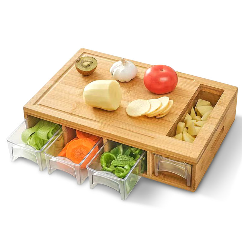 Bamboo Cutting Board with Clear Plastic Storage Trays