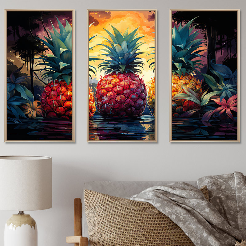 Ensemble de toiles murales ananas, Cadre naturel flottant, H 40 po x l 60 po x P 1 po