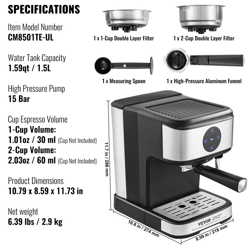 Espresso Machine 15 Bar Coffee & Espresso Maker & Milk Frother Steam Wand