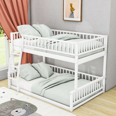 Full XL Over Queen Wooden Bunk Bed With Guardrails And Slats