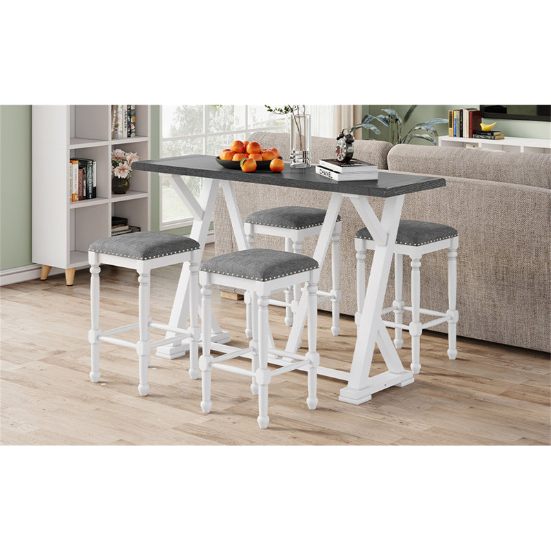 Mid-Century Counter Height 5-Piece Dining Set, Wood Console Table With Trestle Legs And 4 Stools For Small Places