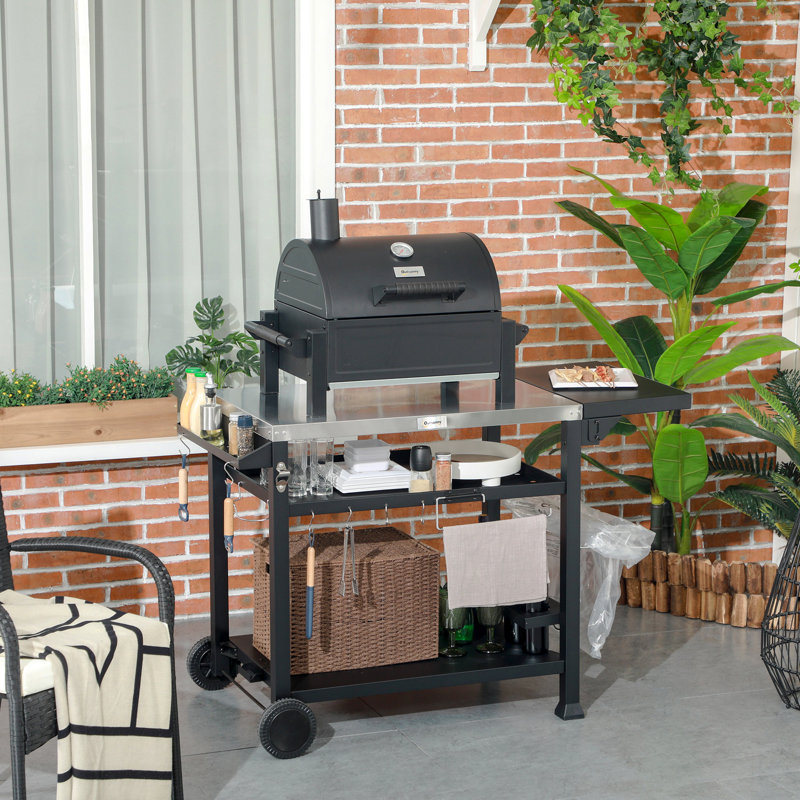 Chariot de gril extérieur avec table d'appoint pliable, four à pizza multifonctionnel en acier inoxydable de 46 po x 21,75 po avec trois tablettes, table de préparation des aliments mobile sur roulettes