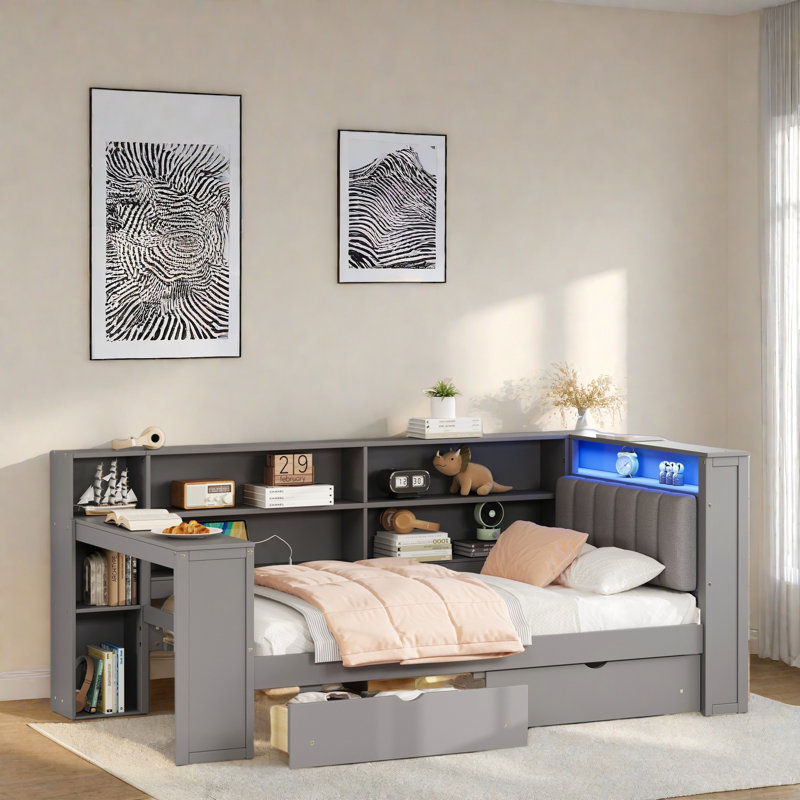 Wood Daybed With Storage Shelves, 2 Drawers, Charging Station, Led, Desk And Upholstered Headboard, Gray, Twin
