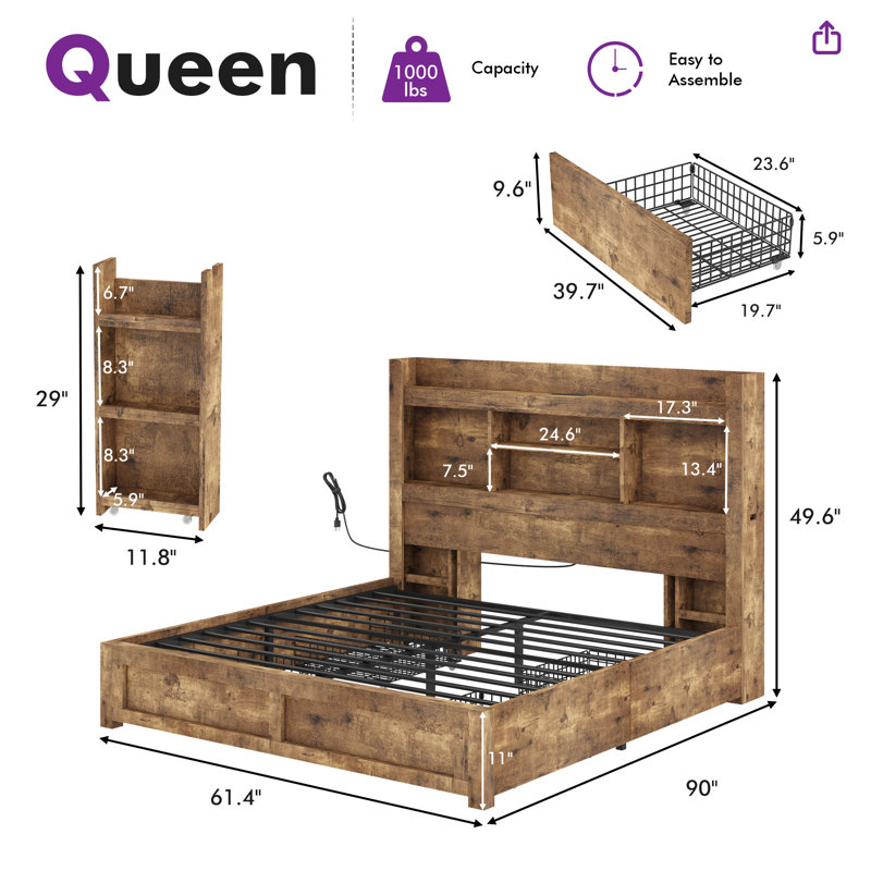 Sherell Queen Size Bed Frame with 4 Storage Drawers,Brown, Queen, Brown