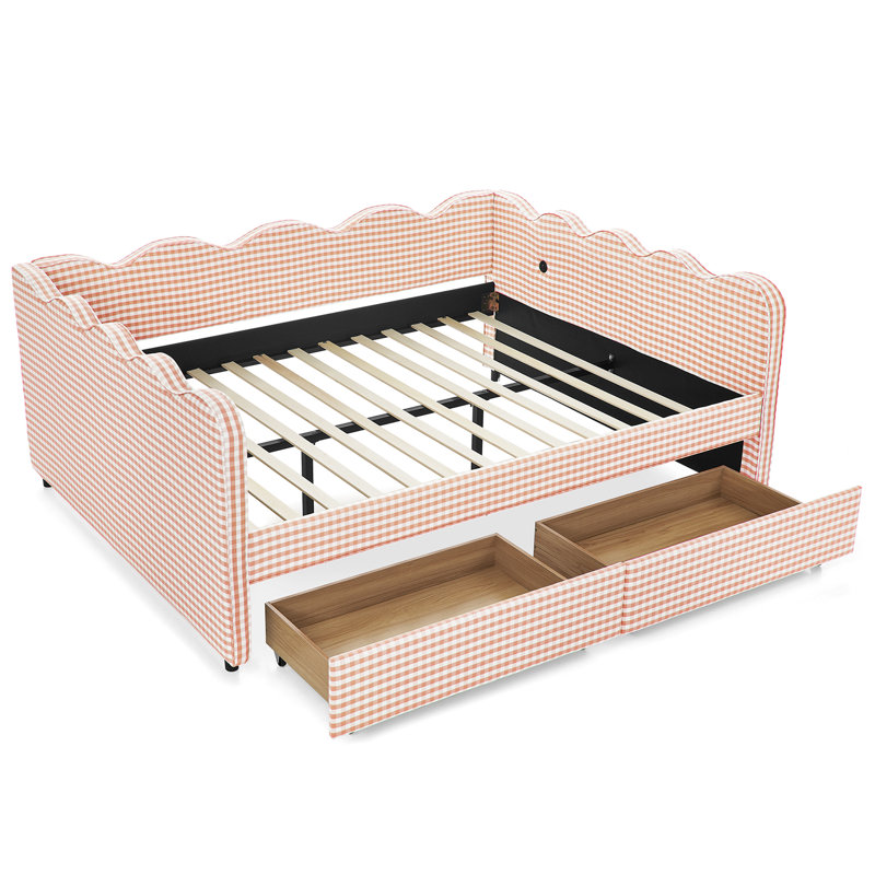 Linen Plaid Daybed With Two Storage Drawers And A USB Port, Pink, Queen