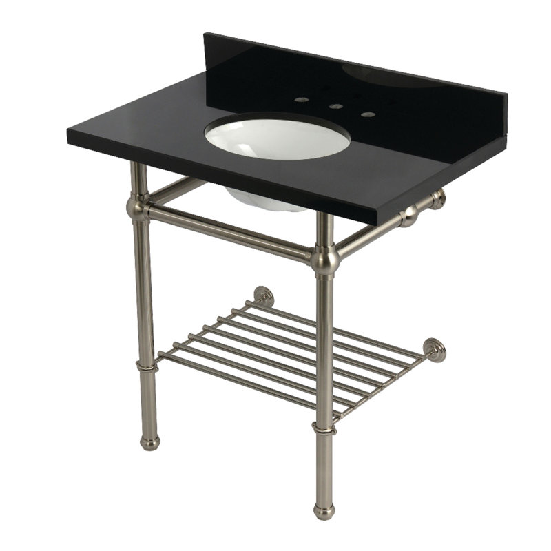 Lavabo console 36 "avec pieds en laiton Kingston Templeton (8 pouces, 3 trous), Granit noir / nickel brossé
