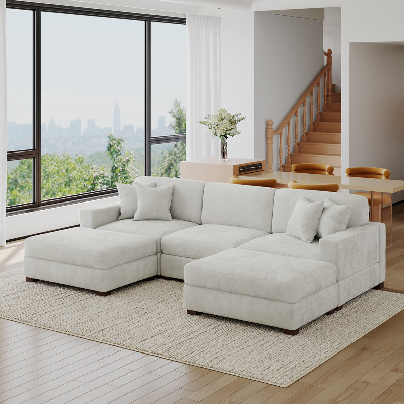 Canapé modulaire rembourré en chenille 5 pièces avec coussins décoratifs et repose-pieds amovibles 5 pièces