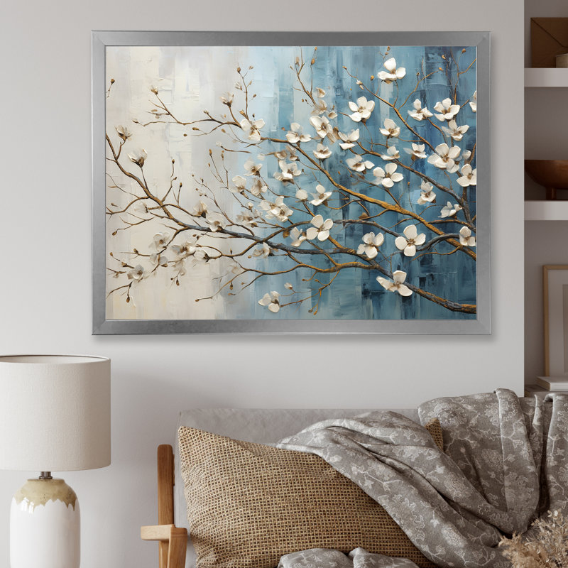 «Peacefulness White Blue Dogwood III», art mural cornouiller, H 16 po x l 32 po x P 1 po, Toile tendue