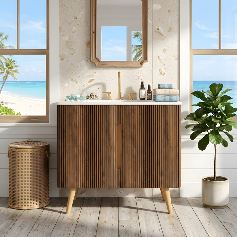 Meuble-lavabo minimaliste double avec lavabo et portes à fermeture amortie, 36